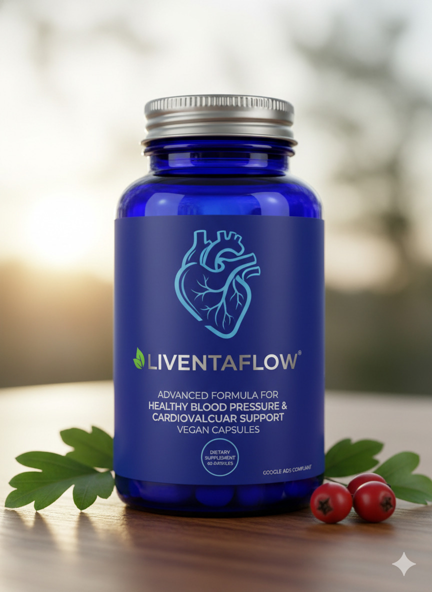 LiventaFlow dietary supplement bottle and capsules on a neutral surface